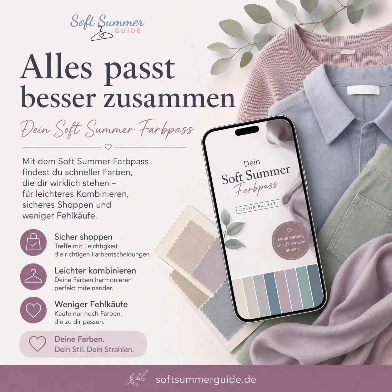 Soft Summer Farbpass auf dem Handy mit harmonischen Kleidungsstücken