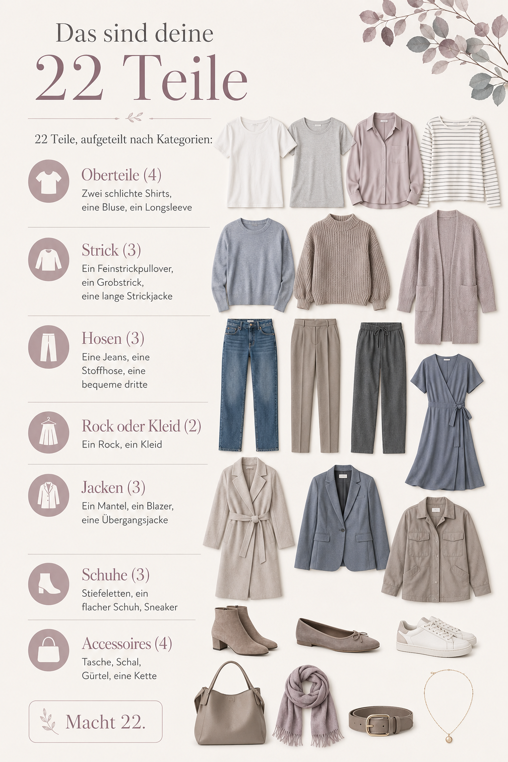 Beispiel einer Capsule Wardrobe aus 22 Teilen in Soft-Summer-Farben