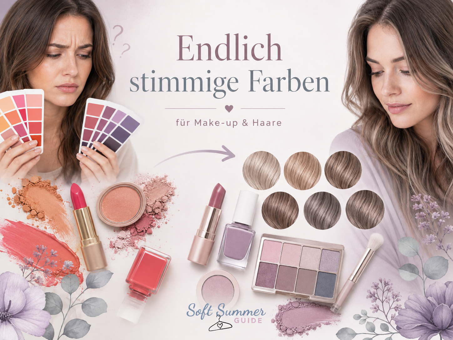 Beispielseiten aus dem Soft Summer Beauty Guide mit Lippenstift, Nagellack, Concealer und Haarfarben