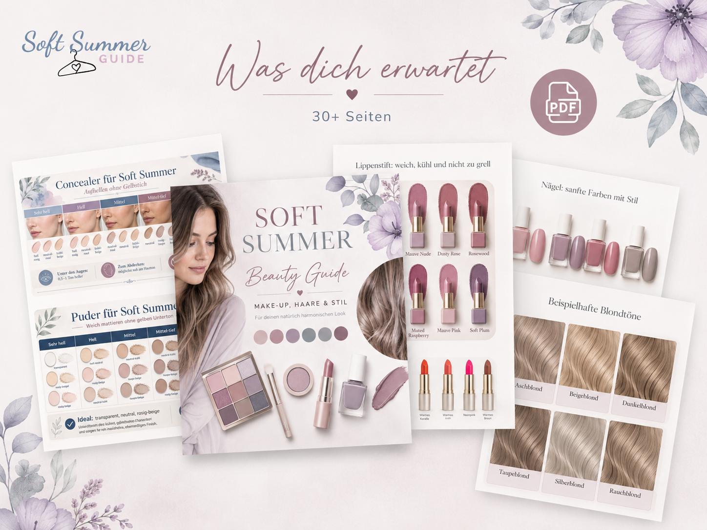 Inhalt des Soft Summer Beauty Guides mit Make-up-Farben, Haarfarben und Beauty-Beispielen