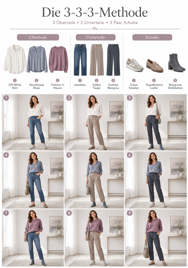 3-3-3-Methode: Aus einer kleinen Auswahl an Oberteilen, Unterteilen und Schuhen entstehen viele Outfits