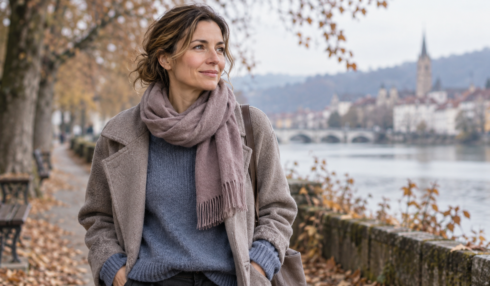 Herbstspaziergang am Flussufer: Frau mit rauchblauem Pullover, kühlem taupefarbenem Mantel und mauvefarbenem Schal