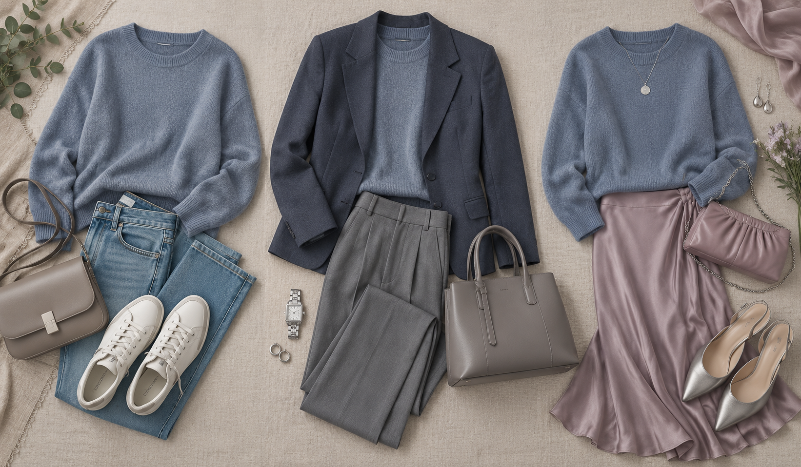 Drei Soft-Summer-Outfits mit einem rauchblauen Pullover: Jeans und Sneaker, Blazer und Stoffhose sowie Rock und elegante Accessoires