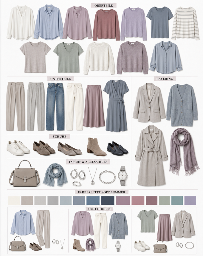 Soft Summer Core Capsule mit abgestimmten Oberteilen, Hosen, Schuhen und Accessoires in kühlen, gedeckten Farben